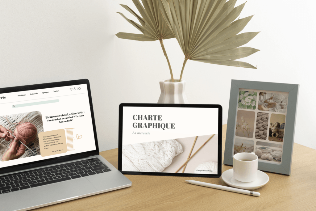 Mockup de l'identité visuelle la mercerie représentant le site internet sur ordinateur et tablette et un moodboard de l'univers visuel.