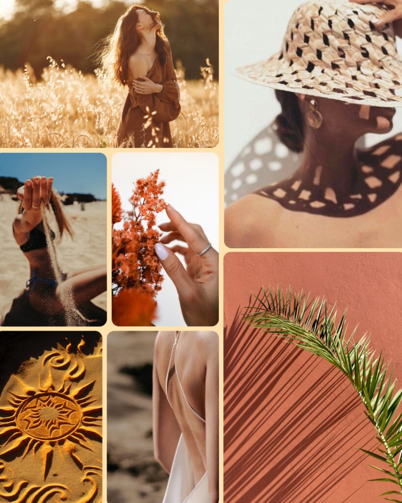 Moodboard de l'identité visuelle de fengia. Très ensoleillé, naturel et féminin