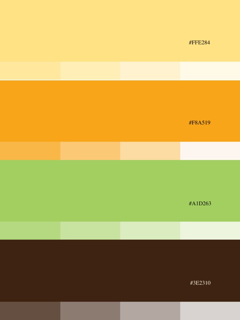 Palette de couleur, jaune, orange, vert et marron