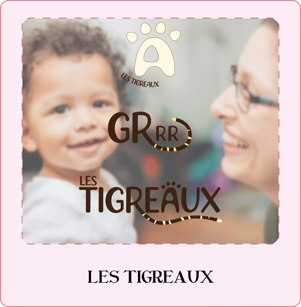 logo principal les tigreaux et ses déclinaison sur une image d'enfant souriant